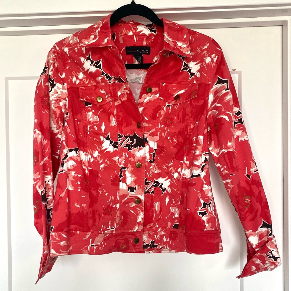 Elizabeth Dalton Salmon Coral Denim Style Floral Jacket Size 8